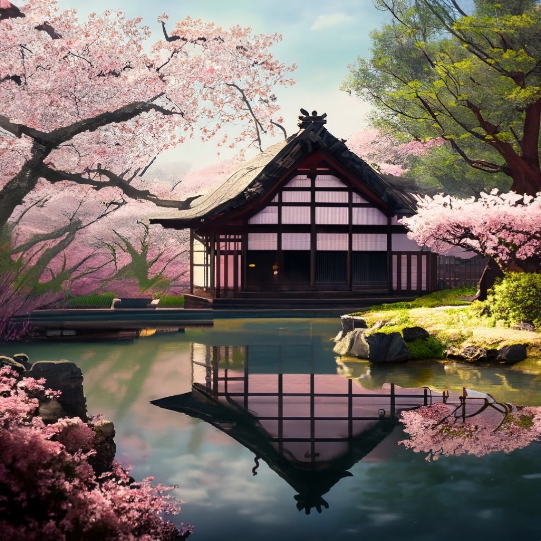 Ein traditionelles japanisches Teehaus neben einem stillen Teich, umgeben von blühenden Kirschbäumen im Frühling.