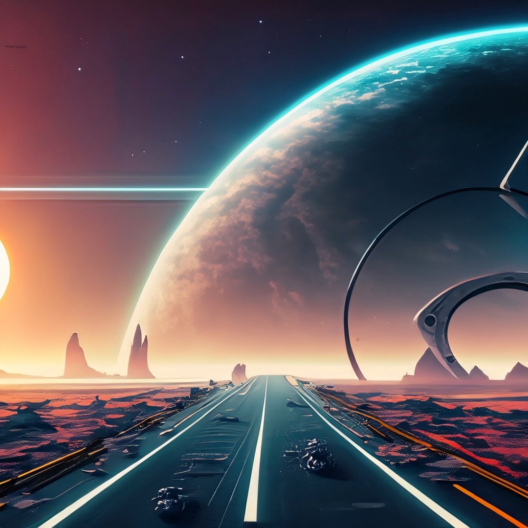 Futuristische Autobahn. Am Horizont sieht man einen Planeten, Stil 3D Rendering, Cyberpunk Stil, sehr detailliert, filmische Beleuchtung