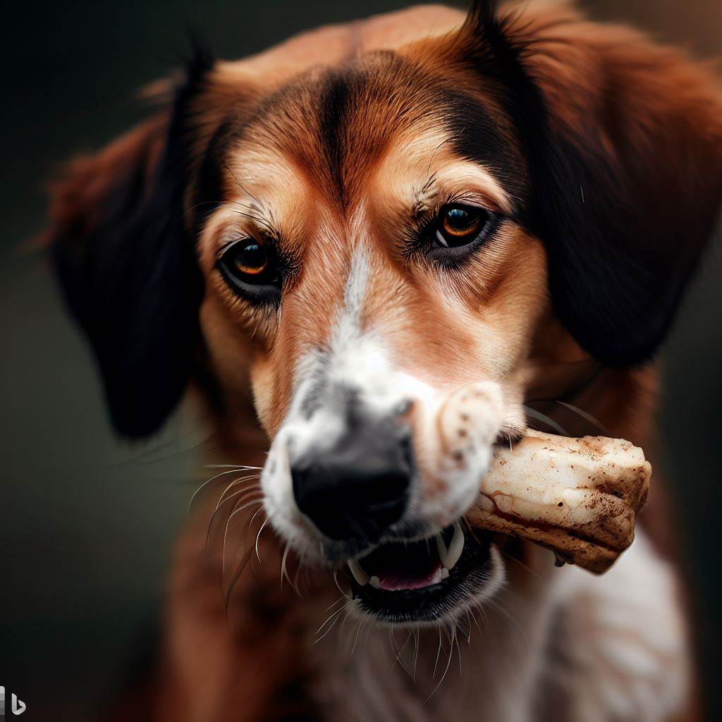 portrait dog, holding a bone in his mouth