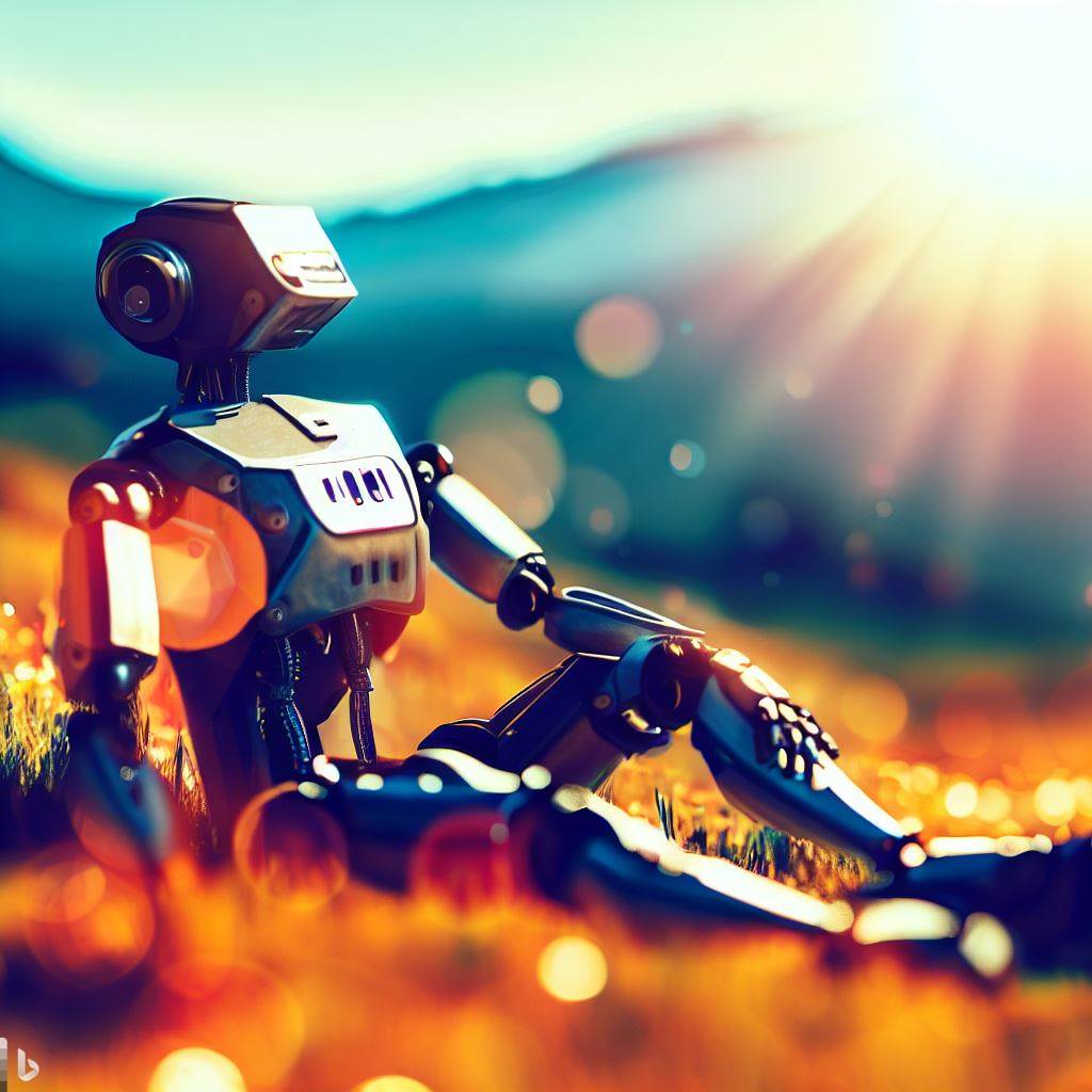 Robot sunbathing on a meadow. In the background the mountains. Style digital art, cyberpunk style, bokeh, very detailed, sunlight, full body, birds eye view