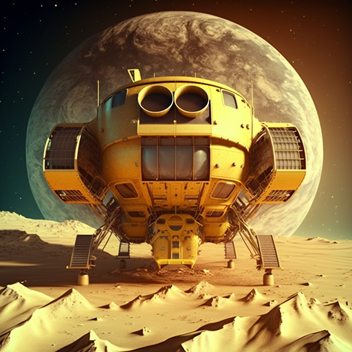 Surface of the moon, a spaceship landing, style 3D rendering, style digital art, very detailed, brown, yellow, background the earth, stars, night