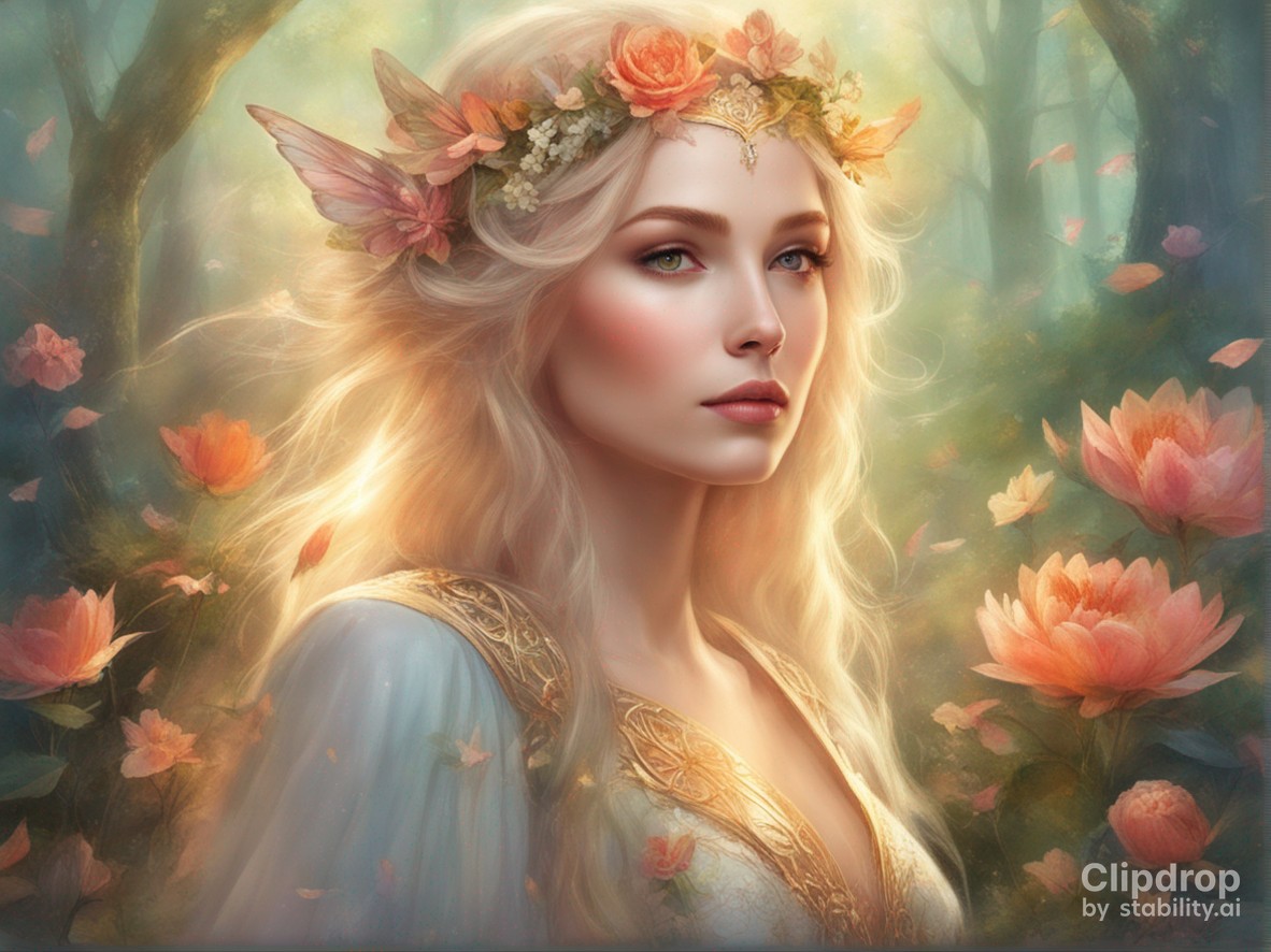 Ein Porträt einer Königin der Elfen in einem Wald aus leuchtenden Blumen.