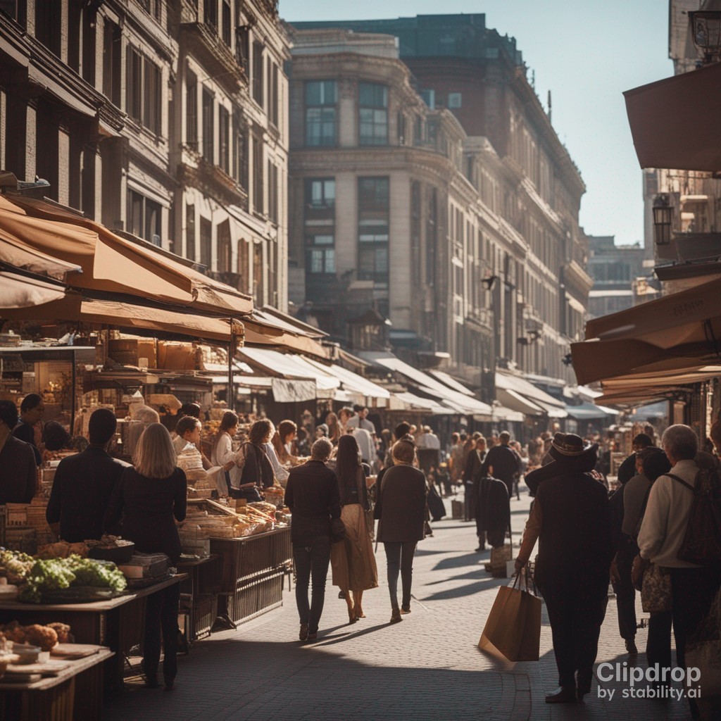 Ein belebter städtischer Marktplatz am frühen Nachmittag, mit Menschen, die einkaufen, Straßencafés, die voller Gäste sind, und historischen Gebäuden im Hintergrund. Foto-Stil.
