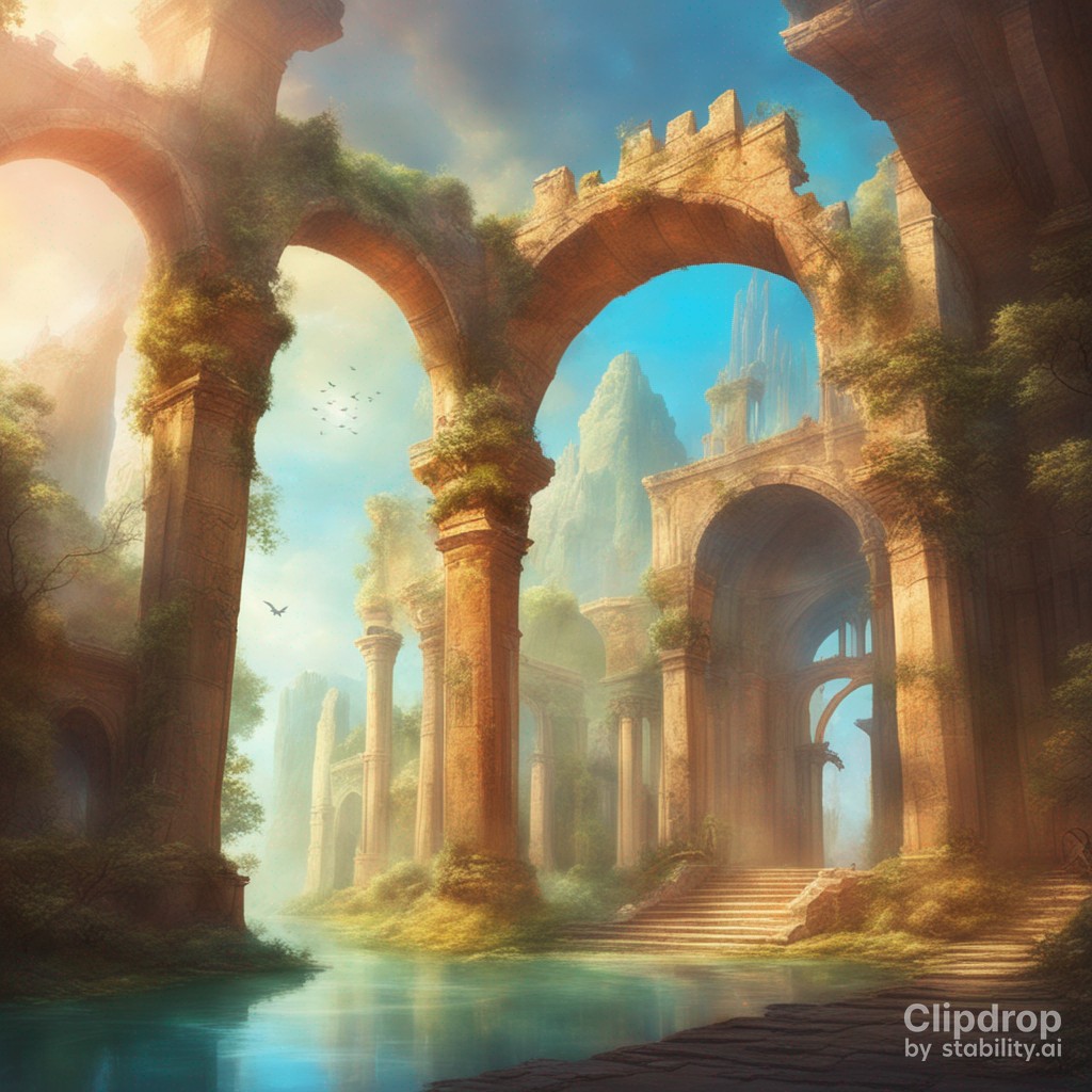 Eine antike Ruine, die von mystischen Kreaturen bewohnt wird. Fantasy-Art