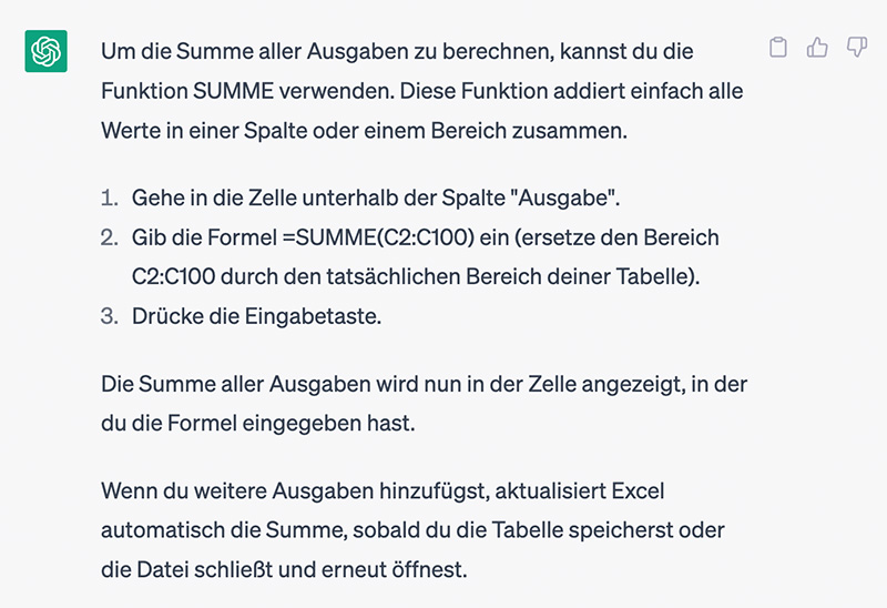 Screenshot Summenbildung ChatGPT
