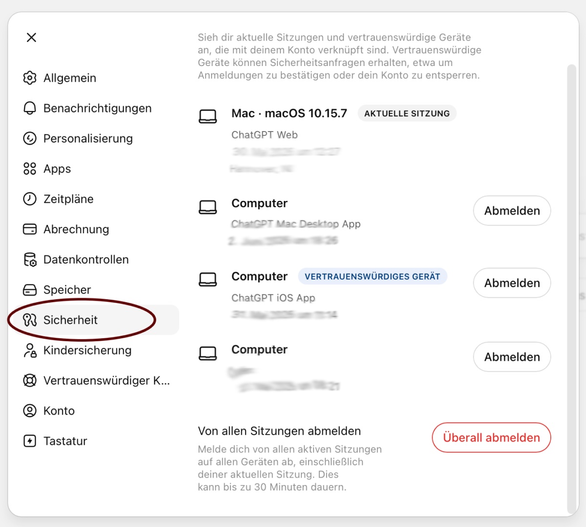 Screenshot: ChatGPT Sicherheitseinstellung verbundene Geräte