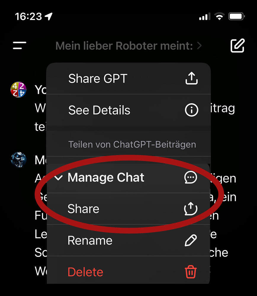 Screenshot Smartphone ChatGPT Chat teilen