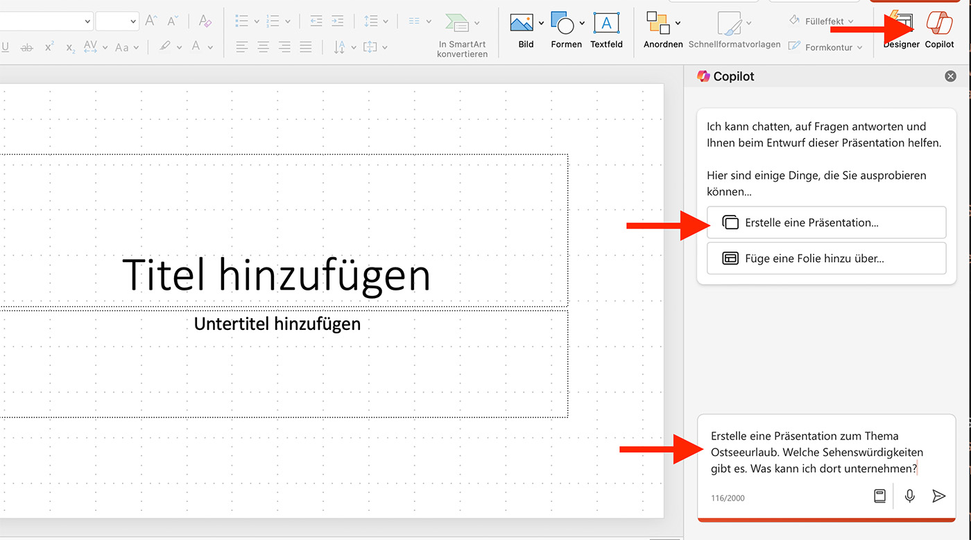 Screenshot Copilot und PowerPoint