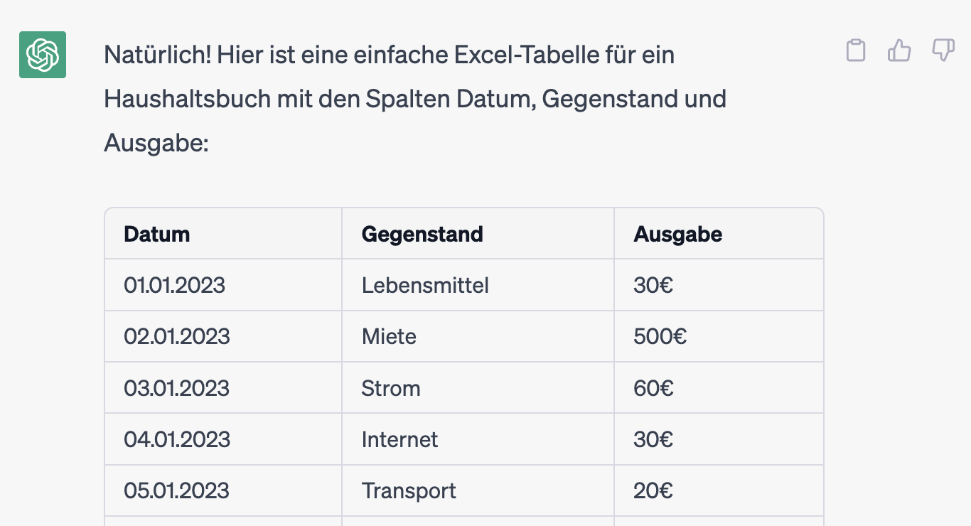 ChatGPT Screenshot Haushaltsbuch.