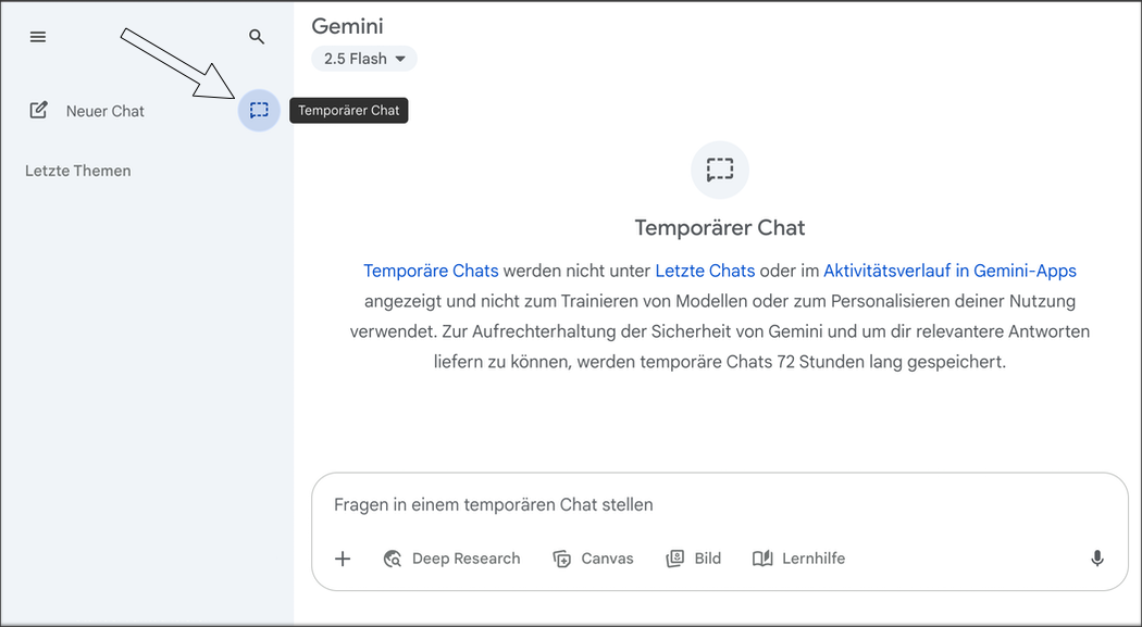 Screenshot Gemini temporärer Chat