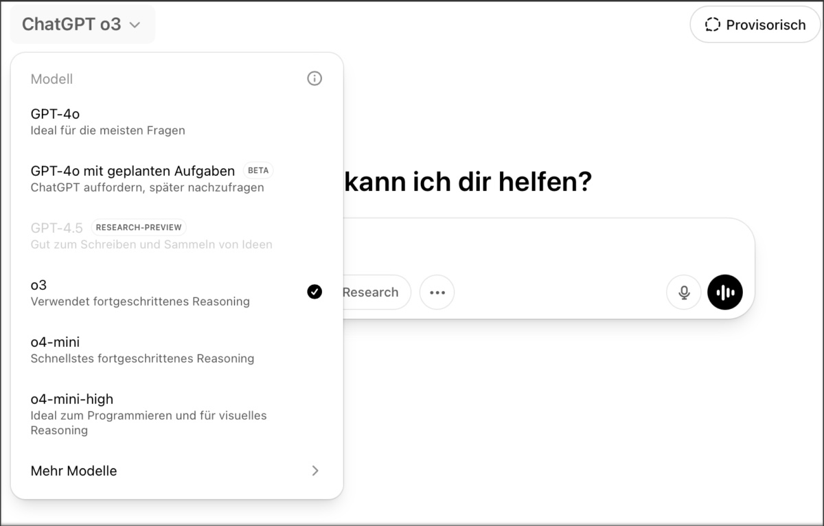Auswahl Modell GPT-o3