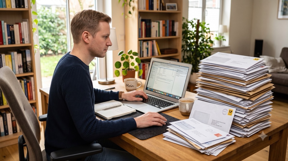 KI-Bild: Mann am Notebook mit Briefen