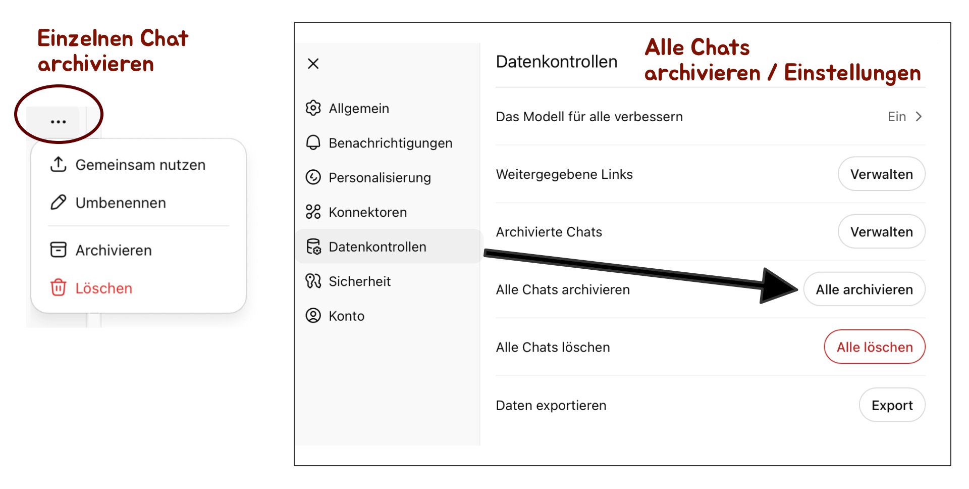 Screenshot ChatGPT Chats archivieren und exportieren
