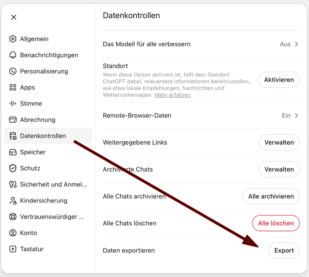 Screenshot Einstellungen und Daten exportieren - ChatGPT