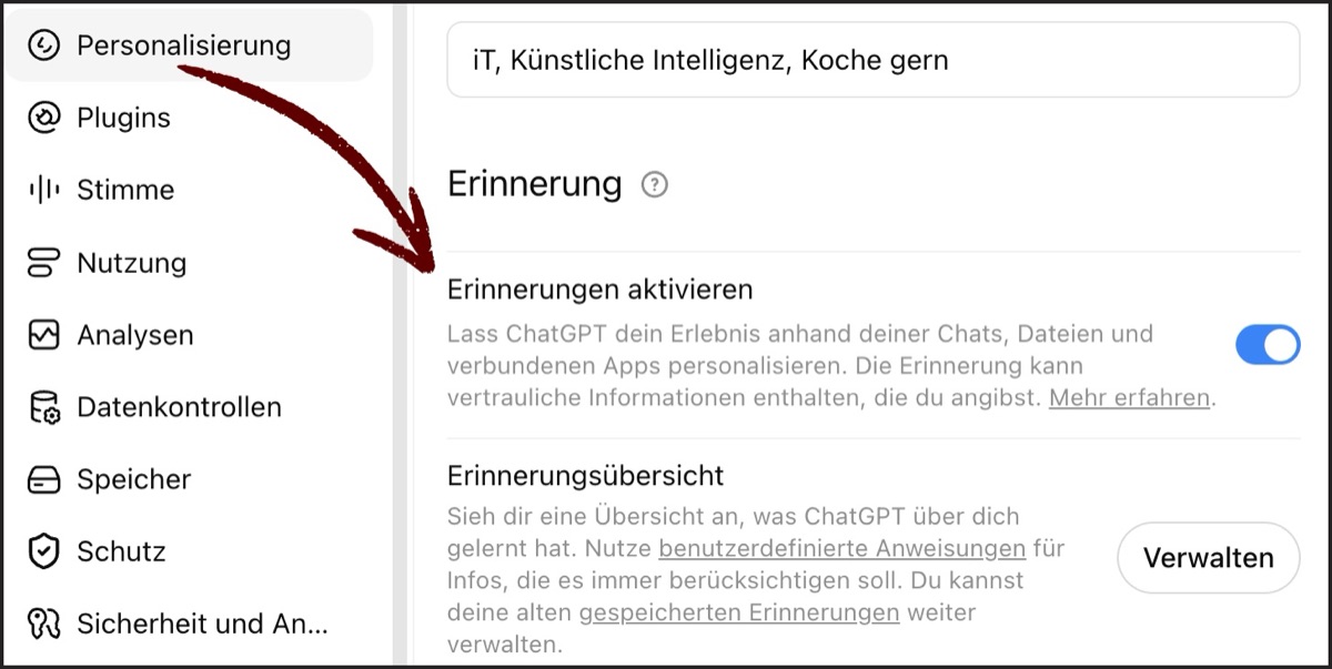 Screenshot ChatGPT Erinnerungen aktivieren