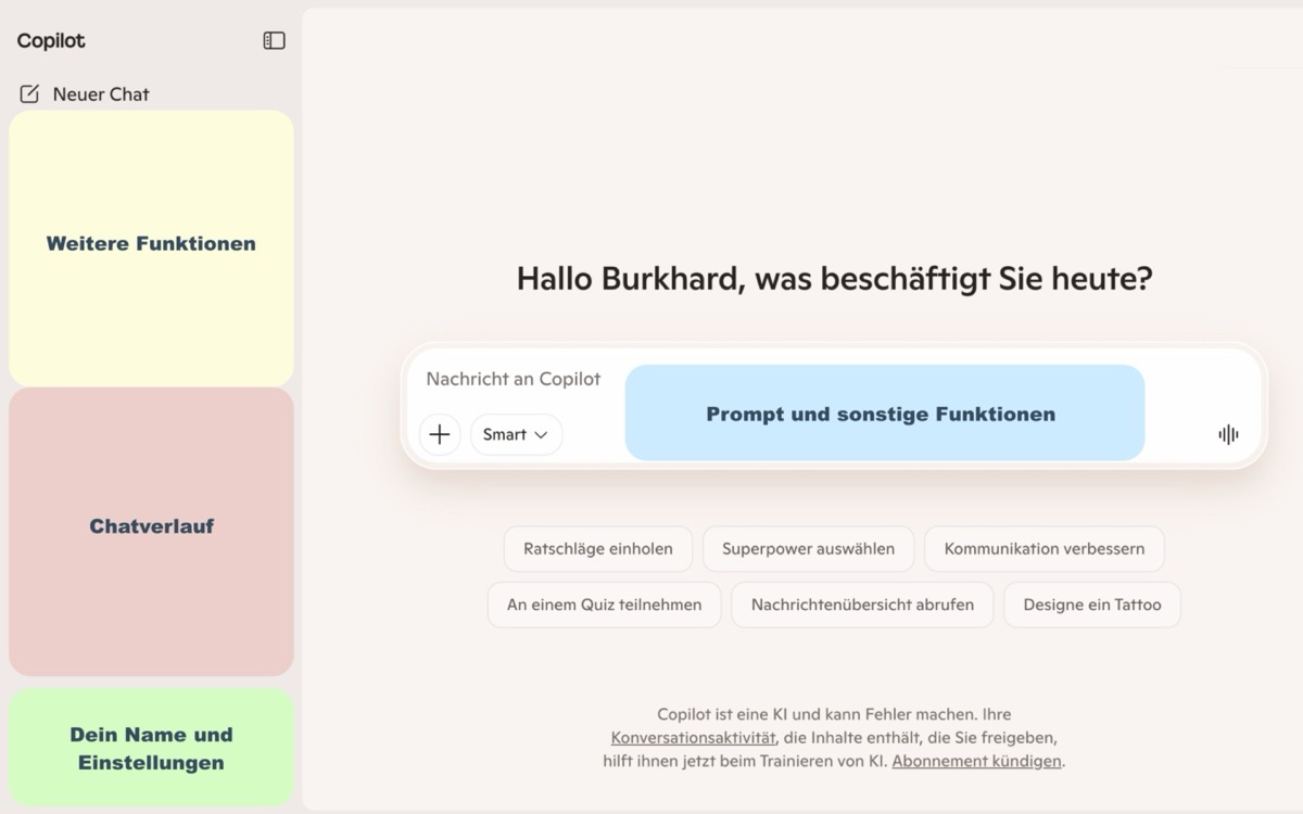 Benutzeroberfläche von Copilot