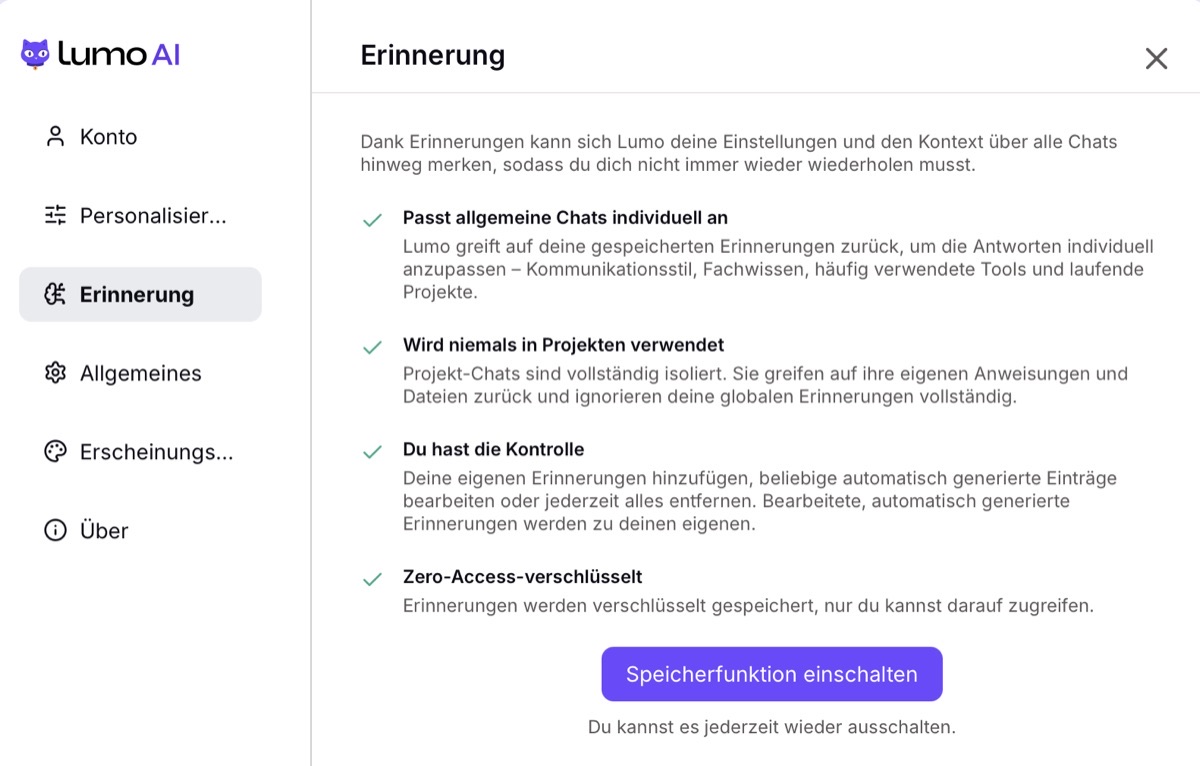 Lumo Einstellung der Erinnerungen