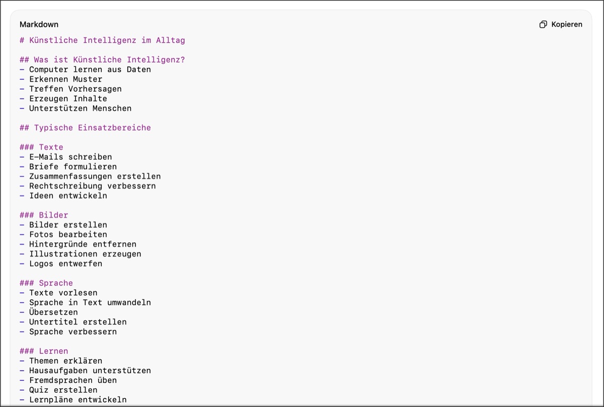Beispiel Mindmap mit Markdown-Text von ChatGPT